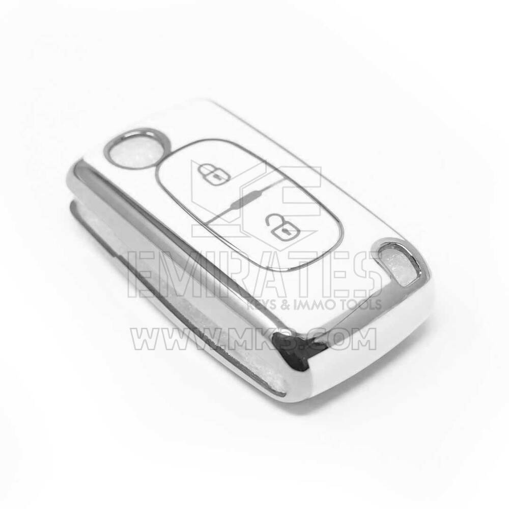 Coque Nano de rechange de haute qualité pour clé télécommande Peugeot 2 boutons, blanche, cadre argenté PG-D11Y2 | Emirates Keys