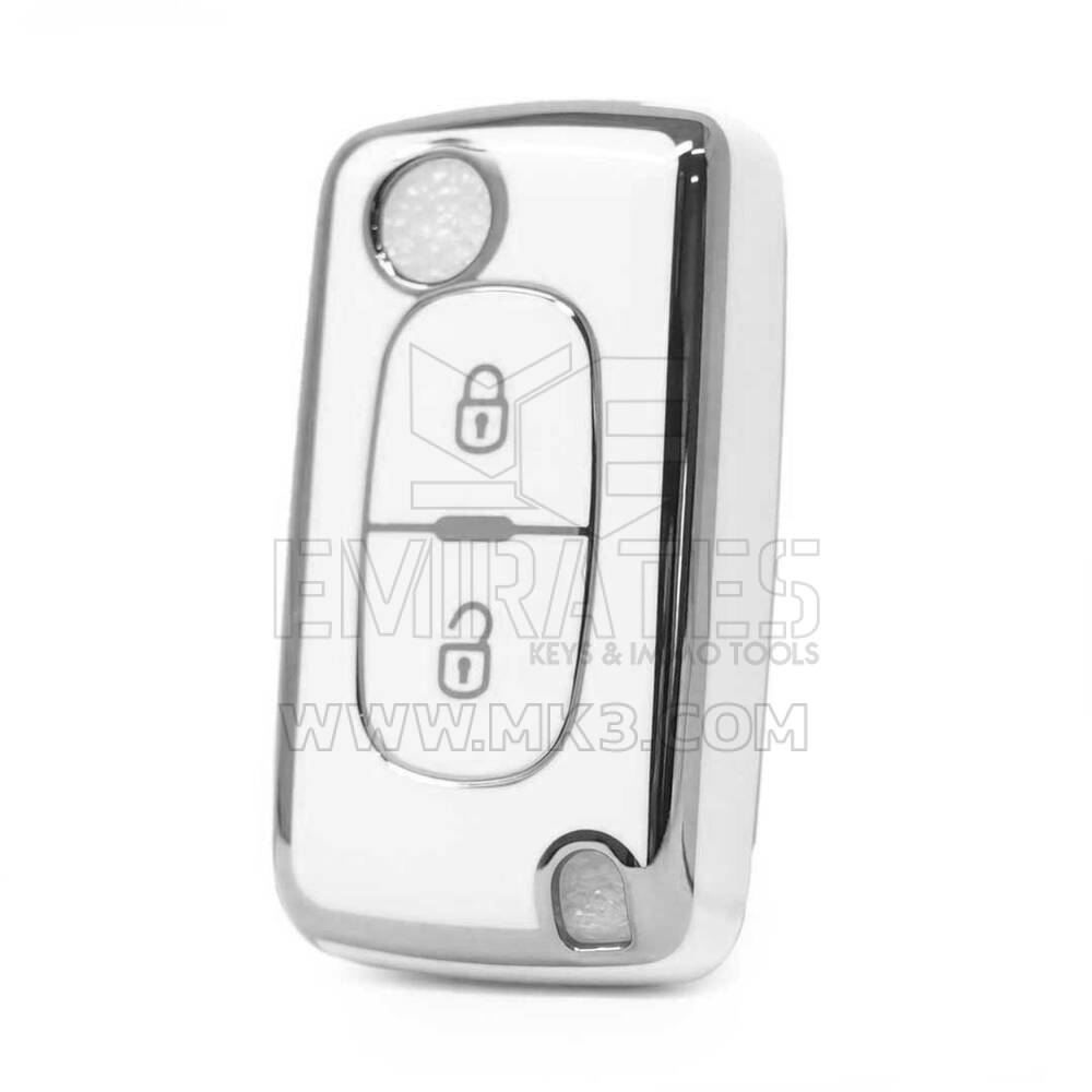 Coque Nano haute qualité pour clé télécommande Peugeot 2 boutons, couleur blanche, cadre argenté PG-D11Y2