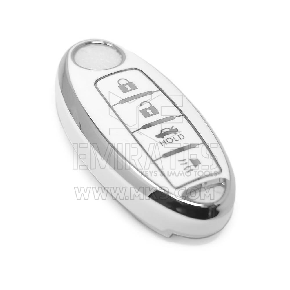 New Aftermarket Nano High Quality Cover For Nissan Remote Key 4 Button White Color Silver Frame NS-A11Y4A | Emirates Keys
