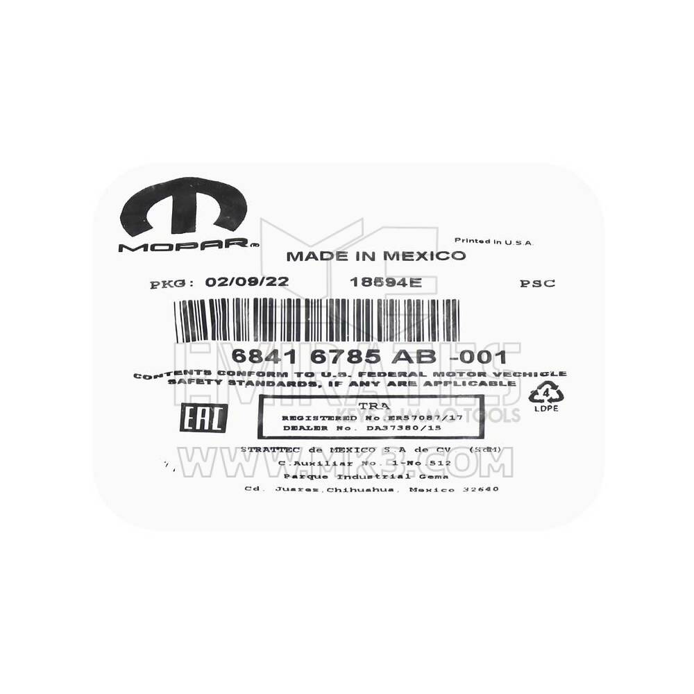 Nuova chiave telecomando flip originale/OEM per Jeep Wrangler 2018-2025 senza pulsanti Numero parte OEM: 68416785AB/68416785AC | Emirates Keys