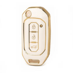 Nano High Quality Gold Leather Cover For Ford Flip Remote Key 3 Buttons White Color Ford-I13J