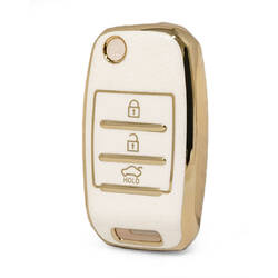 Нано-высококачественный золотой кожаный чехол для KIA с откидным дистанционным ключом 3 кнопки белого цвета KIA-B13J
