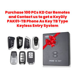 Purchase 100 PCs KD Car Remotes and Contact us to get a KeyDiy PAK01-TB Phone As Key TB Type Keyless Entry System