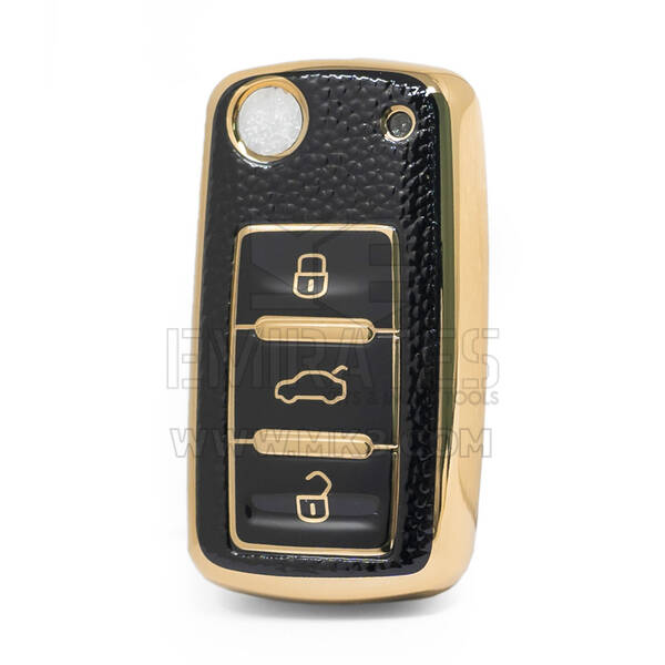 Nano – housse en cuir doré de haute qualité, pour clé télécommande Volkswagen, 3 boutons, couleur noire, VW-A13J