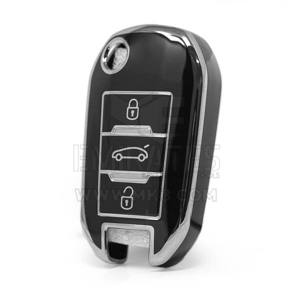 Coque Nano haute qualité pour clé télécommande Peugeot 3 boutons, couleur noire, cadre argenté PG-C11Y