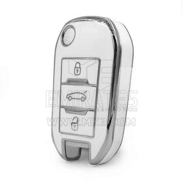 Capa Nano de Alta Qualidade para Chave Remota Peugeot 3 Botões Cor Branca Moldura Prateada PG-C11Y