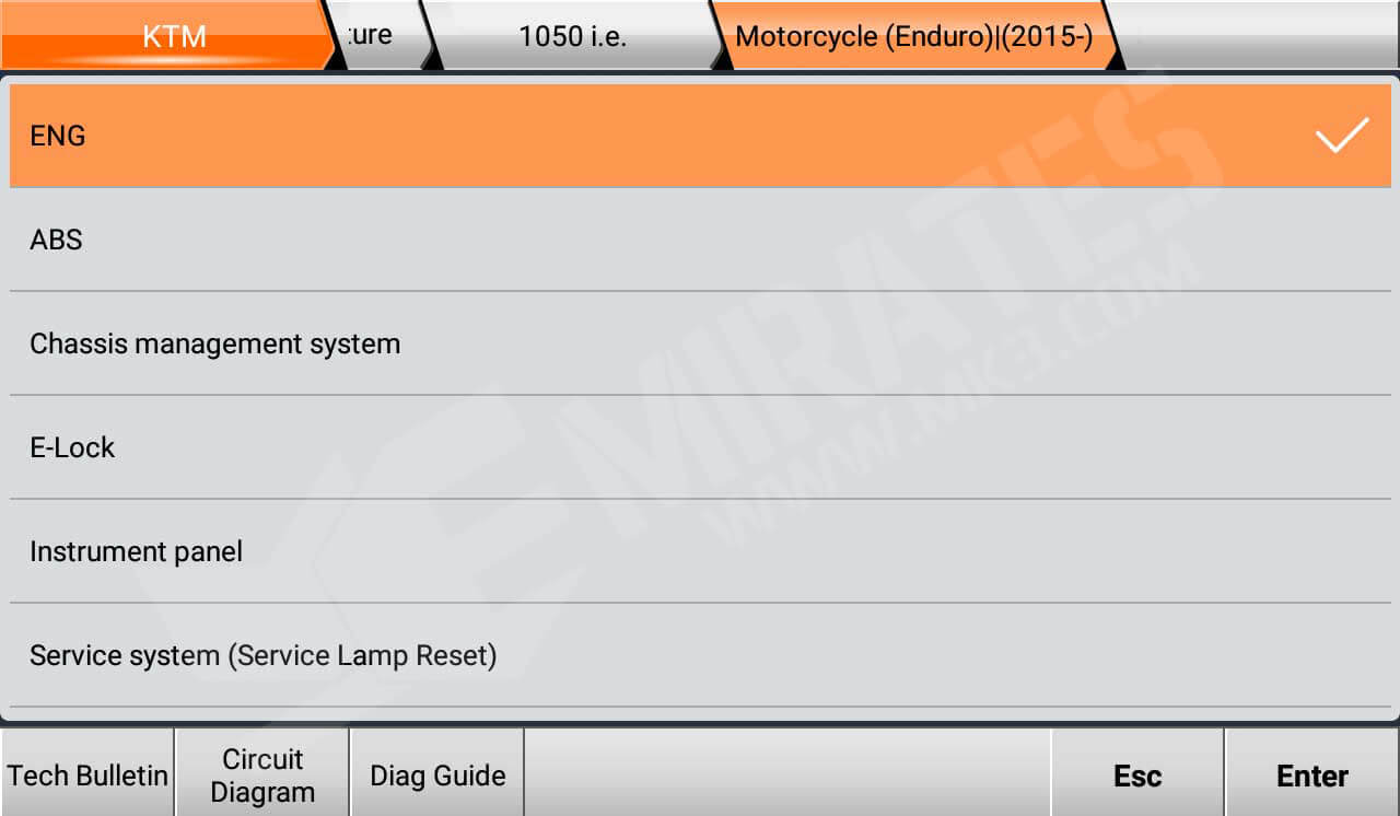 Liste des systèmes pris en charge par OBDStar MS80 KTM ENG