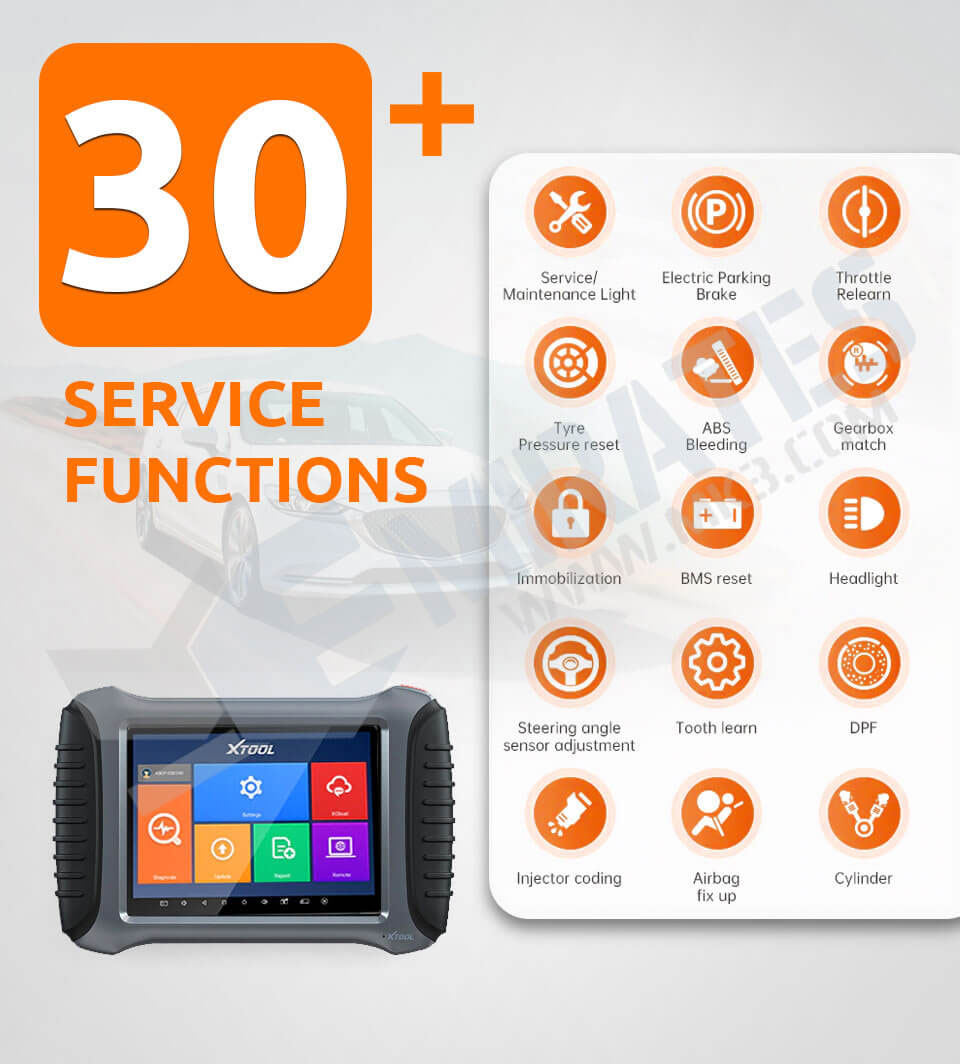 Oil Reset, EPB, Tpms, Bms, Brake Bleeding, Dpf, Immo Key, Injector, Sas, Suspension, Gas, Win Dr Dach, Seats, Odometer, Long Change, Headlights, Chg Tire Size, Tec Learning, Abs / Srs, Cylinder, Turbocharging, Limit, Clutch, Trans Adaption, Airbag Reset.