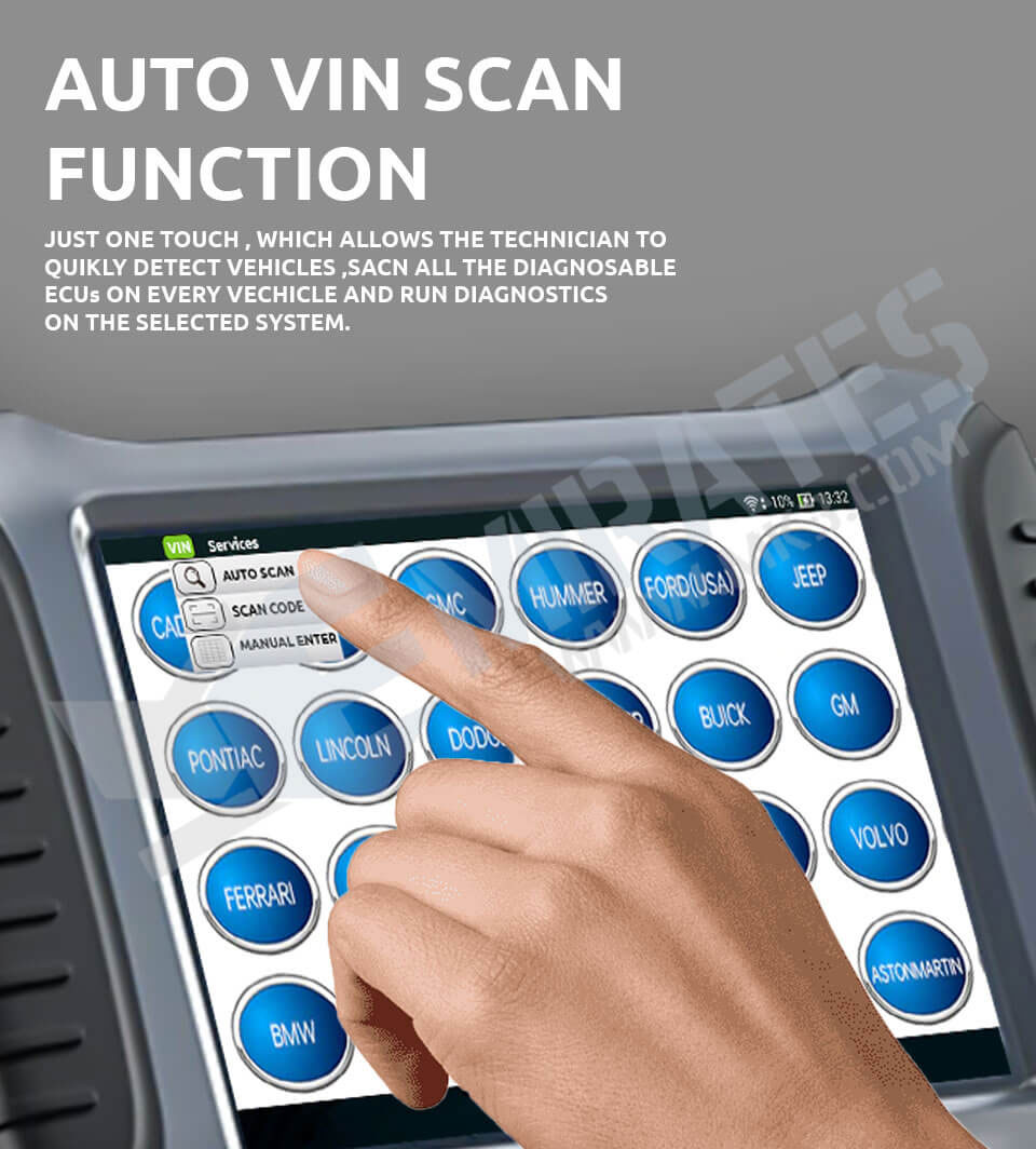 JUST ONE TOUCH, WHICH ALLOWS THE TECHNICIAN TO QUIKLY DETECT VEHICLES ,SACN ALL THE DIAGNOSABLE ECUS ON EVERY VECHICLE AND RUN DIAGNOSTICS ON THE SELECTED SYSTEM.