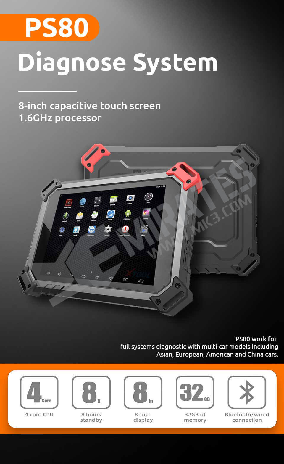 8-inch capacitive touch screen 1.6GHz processor PS80 work for full systems diagnostic with multi-car models including Asian, European, American and China cars.