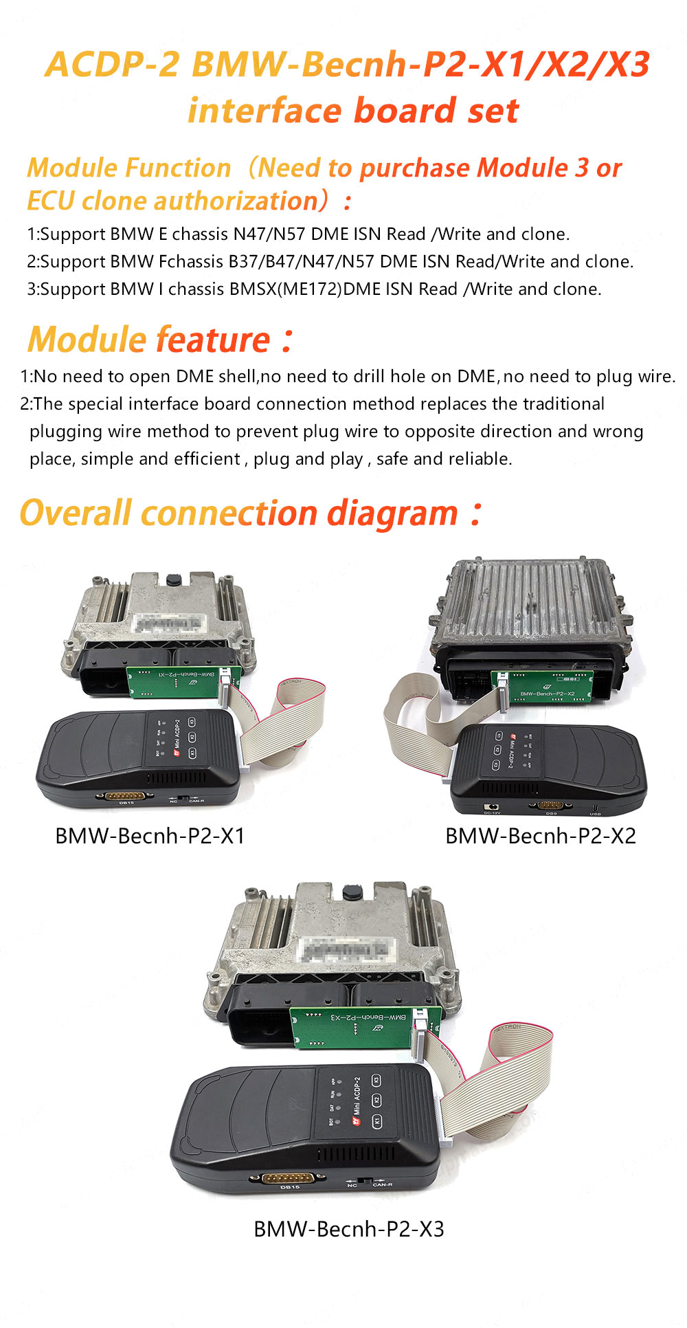 Yanhua ACDP2 BMW DME Adapter X1 / X2 / X3 Interface Boards Para ACDP2 | Chaves dos Emirados