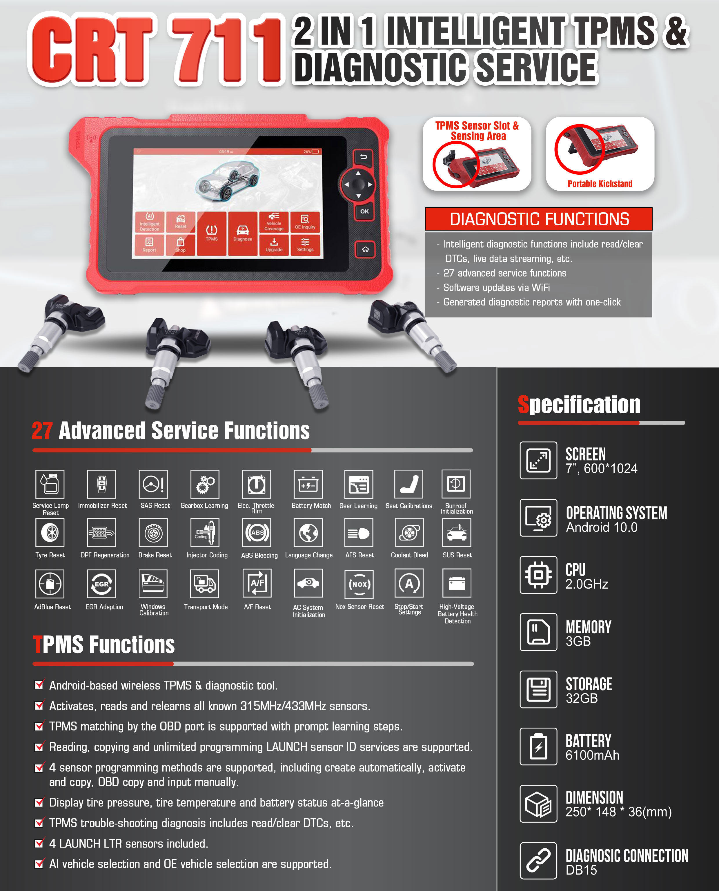 Lo strumento diagnostico TPMS professionale Launch CRT 711 è in grado di leggere, apprendere e programmare i sensori Launch, nonché di attivare l'ID del sensore tramite segnali RF | Emirates Keys