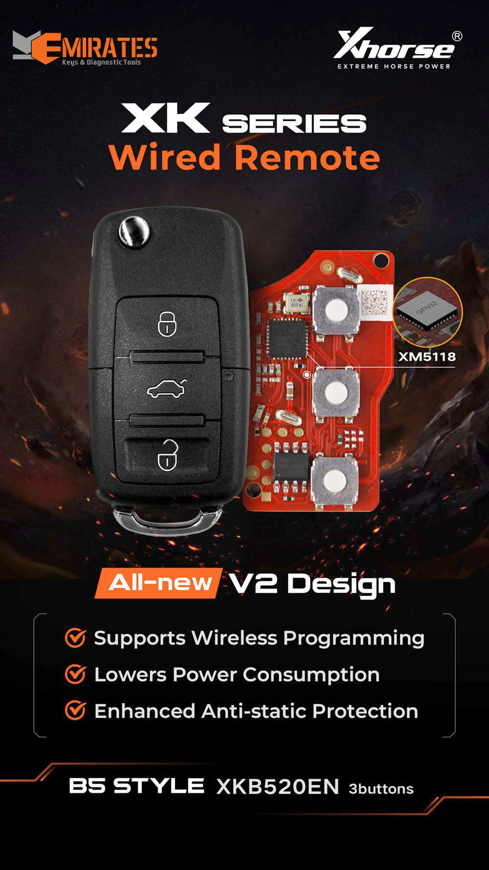 XHORSE XKB520EN Controle Remoto com Fio de Segunda Geração