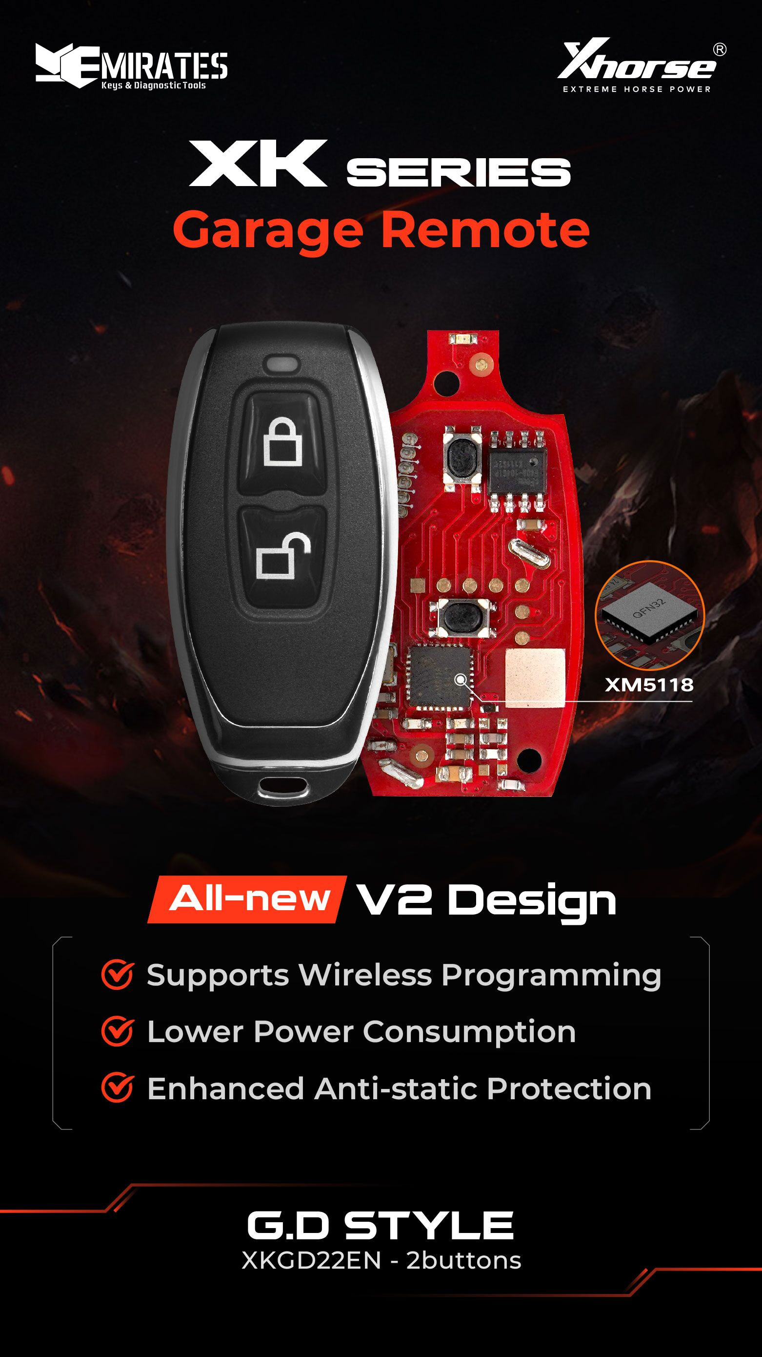 Novo controle remoto de garagem com fio Xhorse XKGD22EN, 2 botões, 2ª geração, compatível com todas as ferramentas VVDI | Emirates Keys