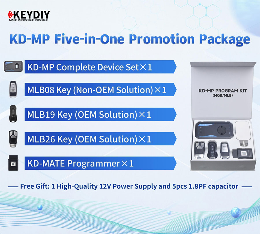 Nuovo pacchetto promozionale KD-MP Five-in-One (kit programma Keydiy KD-MP con KD-MATE, strumento KD-MP MLB/MQB, chiavi MLB26 MLB09 MLB08 MLB) | Emirates Keys