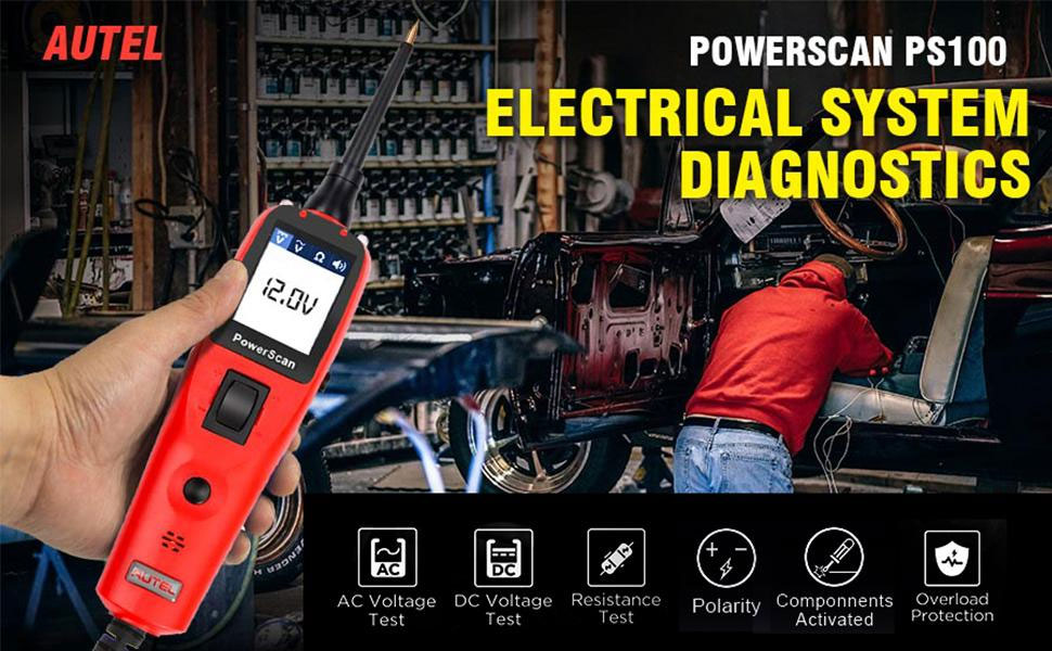 Autel PowerScan PS100 Probador de circuito automotriz Herramienta de diagnóstico de sistema eléctrico Comprobador de voltaje de circuito de automóvil Soporte de voltímetro digital Voltaje de lectura, corriente y resistencia