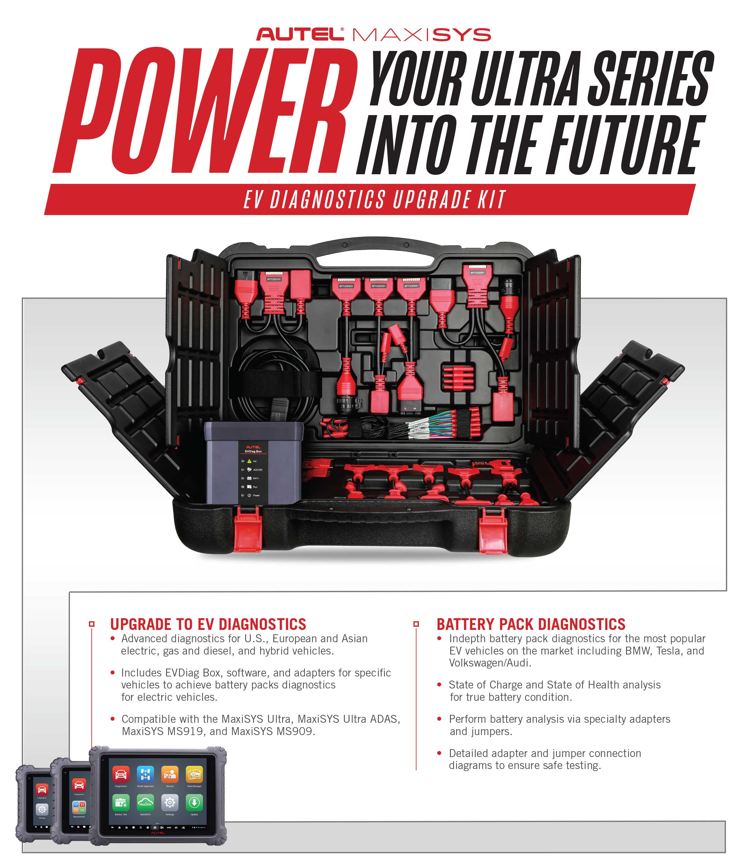 Autel EV Tanılama Yükseltme Kiti, Elektrikli Araç Pil Paketlerinin Test Edilmesini Sağlamak İçin EVDiag Kutusu, Test Yazılımı ve Belirli Araçlar İçin Adaptörler İçerir.