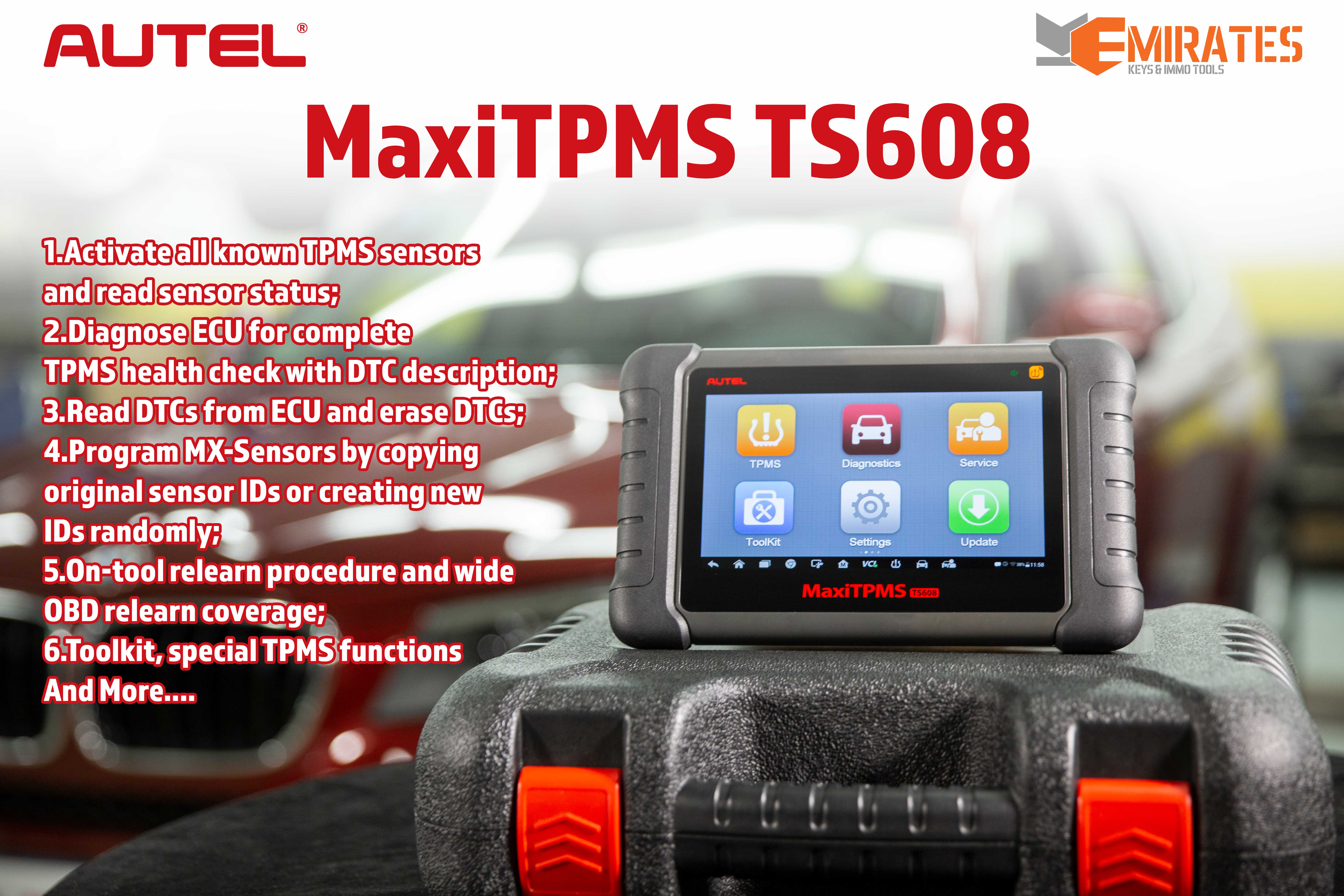 Nuovo Autel MaxiTPMS TS608 Strumento tablet completo per Tpms e tutti i servizi di sistema Attiva tutti i sensori TPMS conosciuti e leggi lo stato del sensore | Chiavi degli Emirati