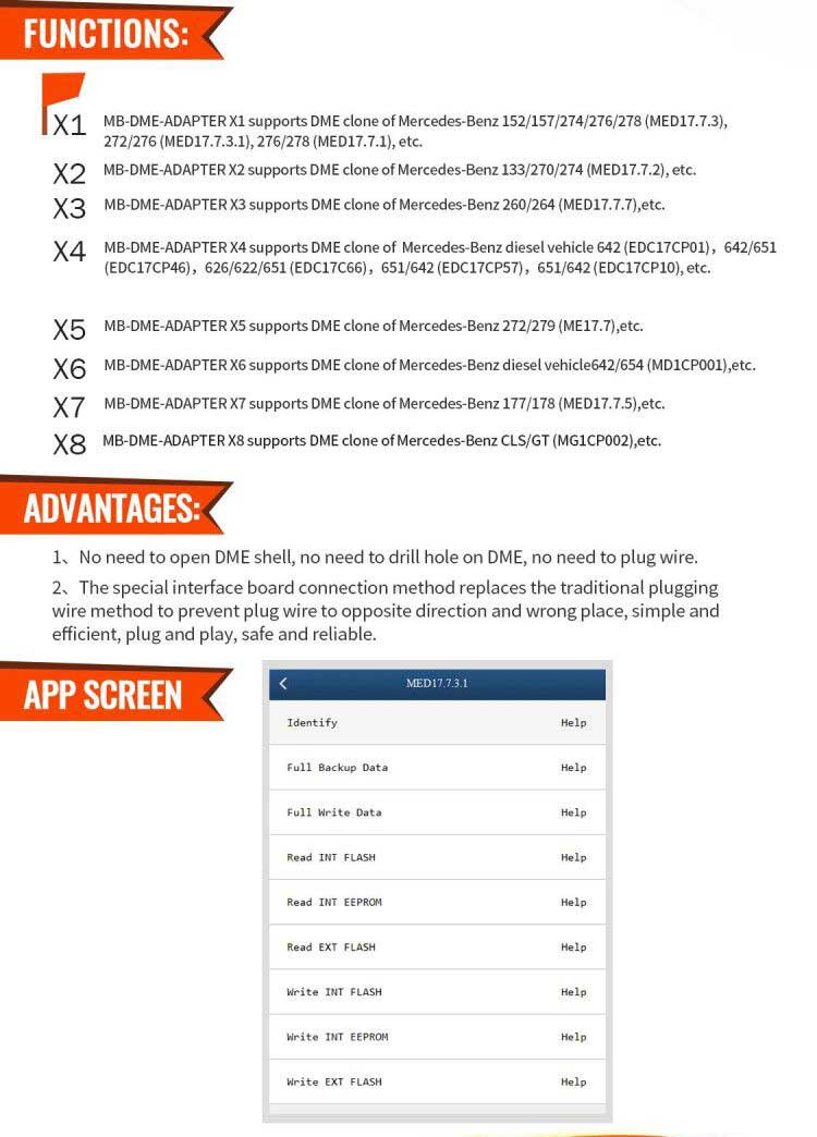 Yanhua ACDP Set Mercedes Bens DME Clone Module 15 compatible con Mercedes X1, X2, X3, X4, X5, X6, X7 DME clon. No es necesario abrir la carcasa DME, no es necesario perforar el agujero en DME