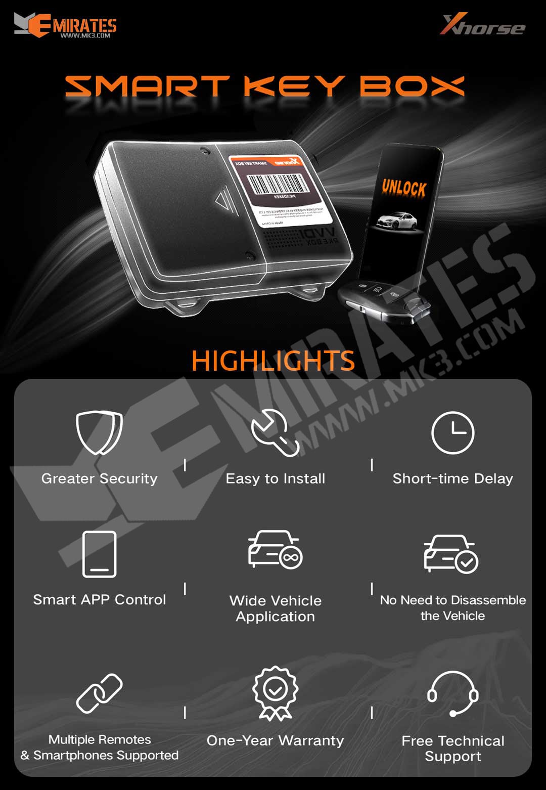 HIGHLIGHTS : Greater Security - Easy to Install - Short-time Delay - Smart APP Control - Wide Vehicle - Application - No Need to Disassemble - the Vehicle - Multiple Remotes - & Smartphones Supported - One-Year Warranty - Free Technical - Support - Enter The Era of Digital Keys Enjoy Your Driving Experience with Smartphone