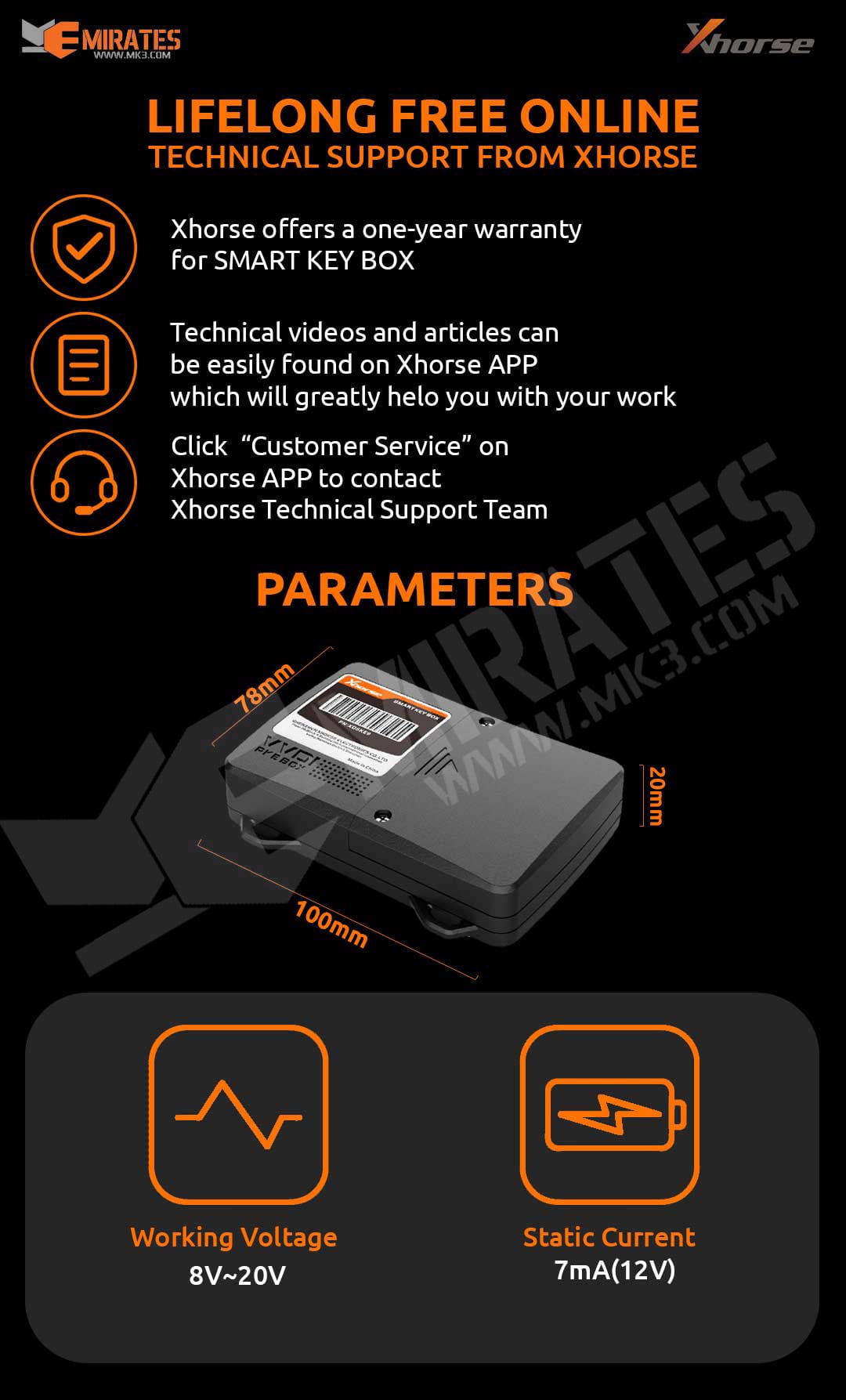 On Year Warranty and App Contact Xhorse Technical Support Team Working Voltage - Static Current